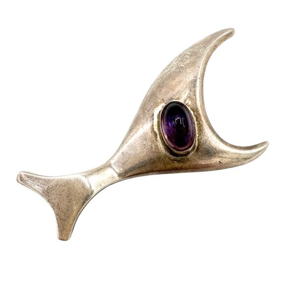 Sigi Pineda Taxco Abstract Fish Brooch Modern Sterling Silver Amethyst Vintage - Picture 1 of 13
